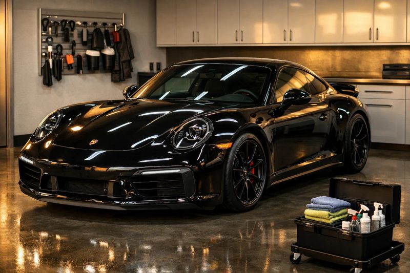 Freshly coated vehicle receiving professional detailing in Texas