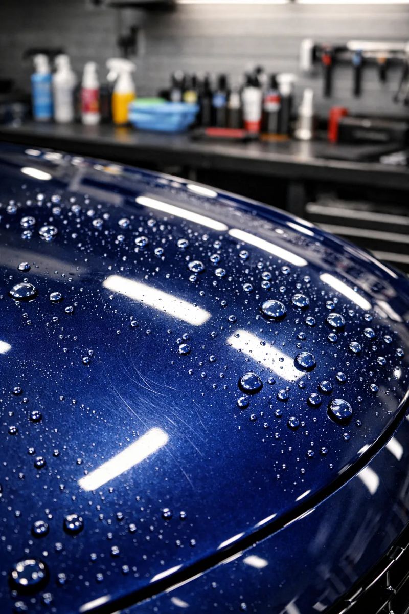 Detailer carefully applying ceramic coating to a white vehicle panel
