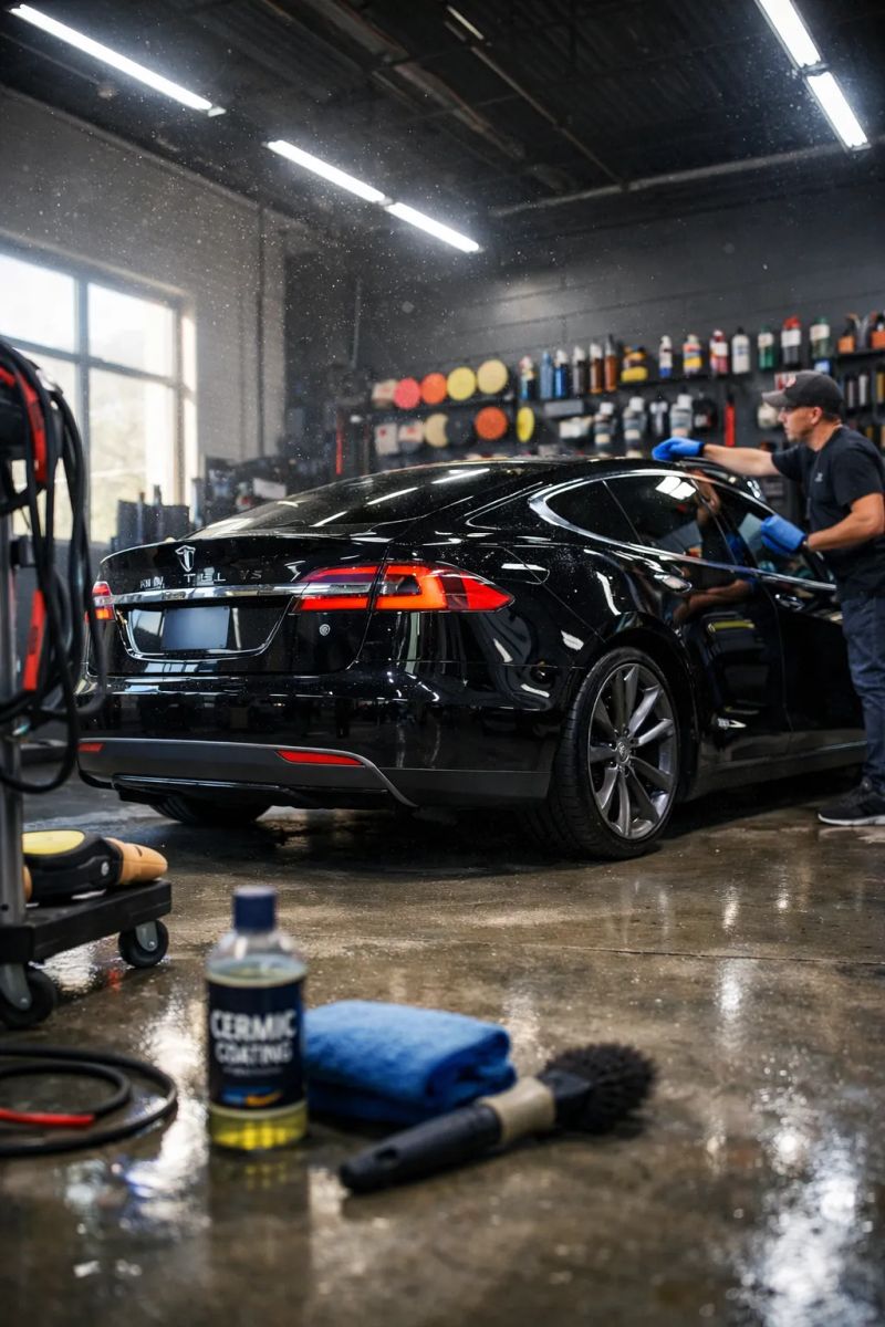 Auto detailer carefully correcting paint on a vehicle panel
